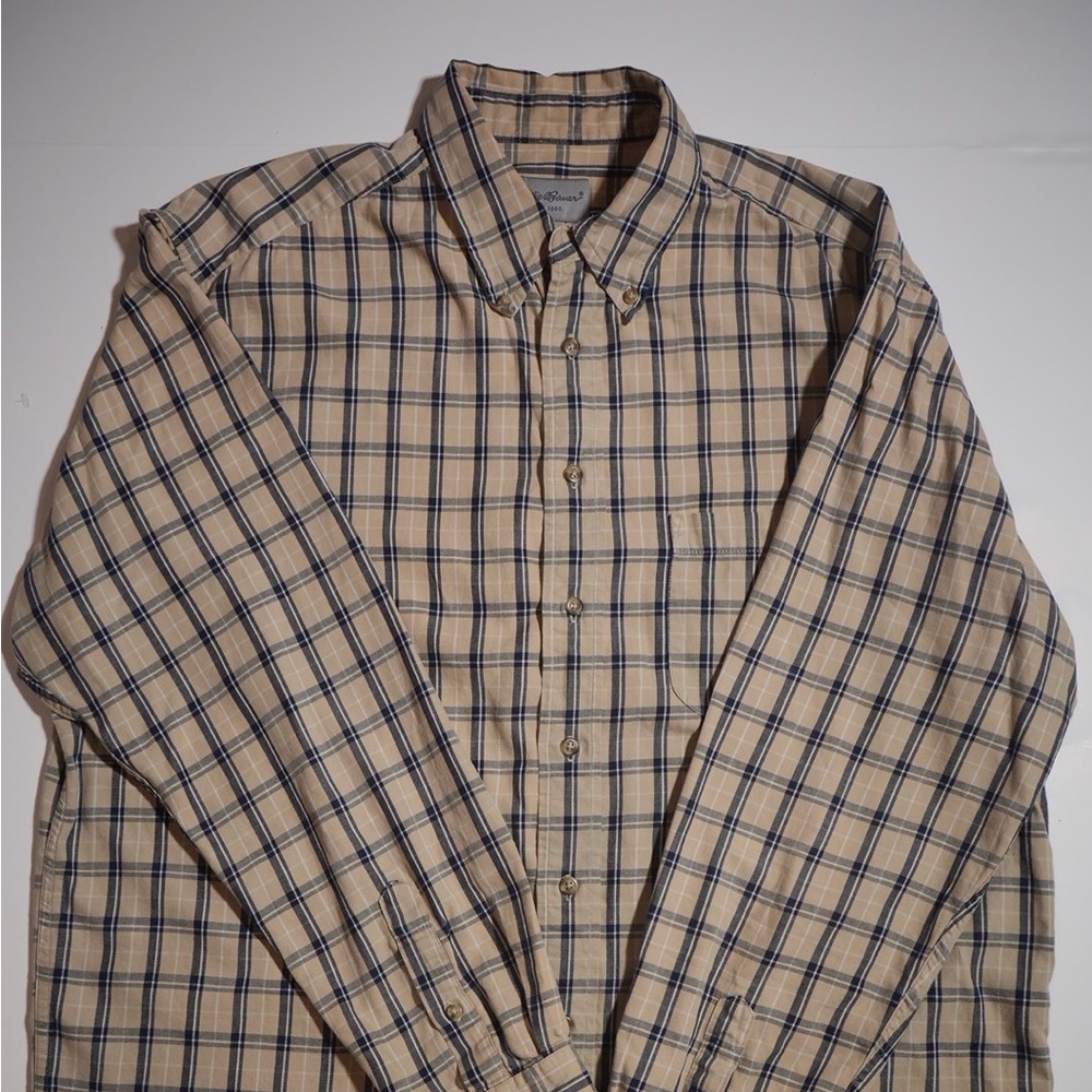 Eddie Bauer Tan and Blue Casual Button Down Shirt
